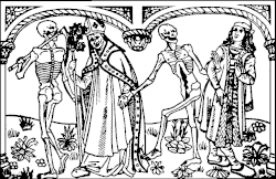 Ilustración histórica con texto en castellano antiguo sobre la Danza general de la Muerte