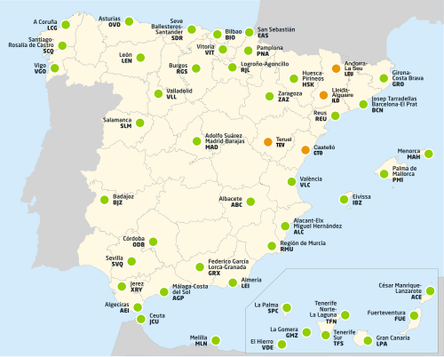 Mapa de aeropuertos comerciales en España según su titularidad