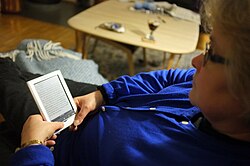 Persona leyendo un libro electrónico en un dispositivo digital.