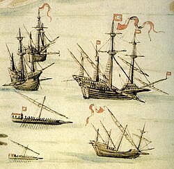 Ilustración detallada de diferentes tipos de embarcaciones navales de la época