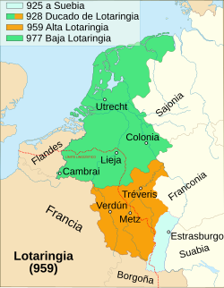 Mapa de la división de Lotaringia alrededor del año 1000