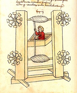Elevador diseñado por el ingeniero germano Konrad Kyeser en 1405