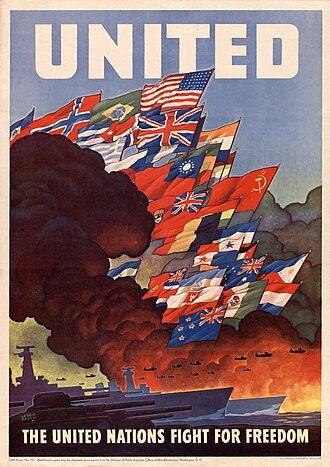 Cartel propagandístico de 1943 con banderas de los Aliados