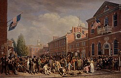 Día de las elecciones de 1815, pintura al óleo con múltiples personajes.