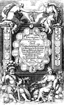 Portada de Topographia de 1642 de Matthäus Merian con alegorías suizas