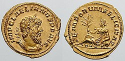 Alegoría de Hispania o España en una moneda de Leliano.