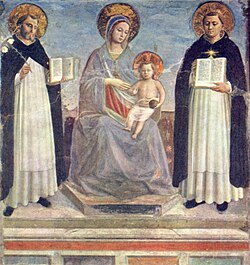 Fresco de Fra Angélico representando a María con santo Domingo y santo Tomás de Aquino