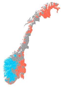 Mapa de distribución de las variedades lingüísticas oficiales bokmål y nynorsk