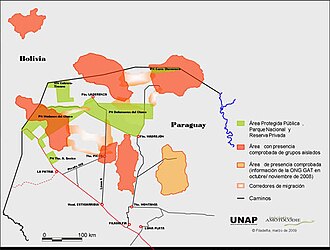 Mapa de supuesta presencia de los últimos grupos Ayoreo no contactados