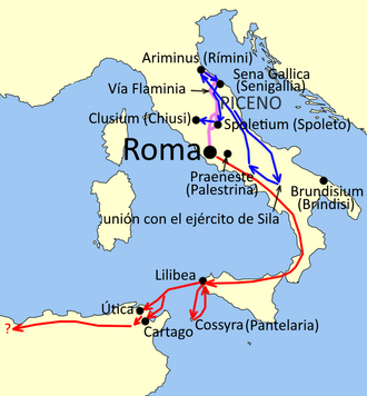 Mapa de las campañas militares de Pompeyo en 83-81 a. C.