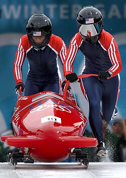Bobsleigh moderno de dos tripulantes sobre una pista de hielo.