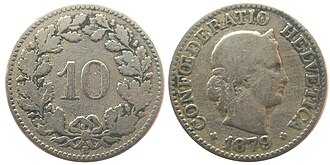 Moneda suiza de diez centavos de 1879.