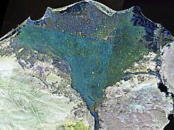 Fotografía satelital en falso color del Delta del Nilo obtenida por la NASA