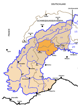 Mapa destacando la ubicación de los Alpes Peninos