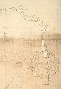 Plano de Barcelona en 1715 con el proyecto de Ciudadela superpuesto sobre la trama urbana