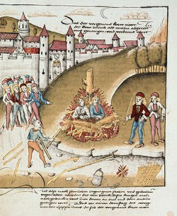 Grabado histórico de una ejecución en la hoguera por sodomía en Zúrich
