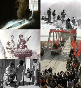Montaje fotográfico que muestra a combatientes muyahidines, fuerzas soviéticas e instalaciones humanitarias.