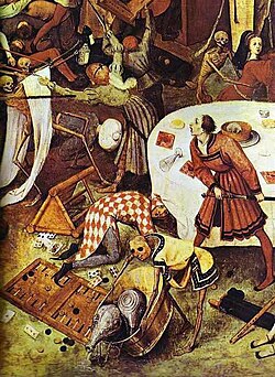Detalle del juglar bajo la mesa y el caballero con espada.