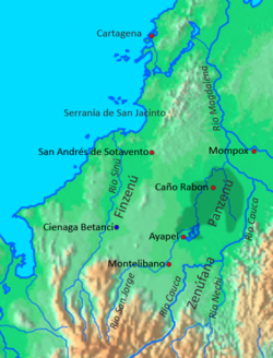 Mapa del territorio histórico de los Zenú