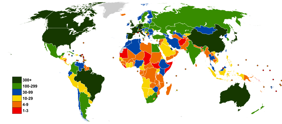 Representación gráfica de la cantidad de deportistas por país participante.