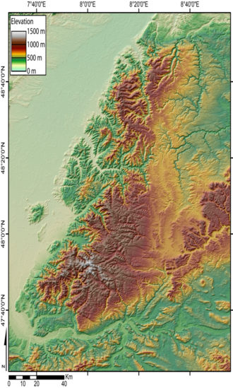 Modelo digital de la topografía de la Selva Negra.
