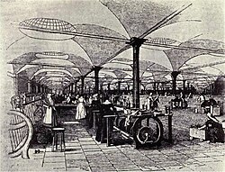 Dibujo de la fábrica textil Marshall's Mills en Holbeck, Leeds, Inglaterra