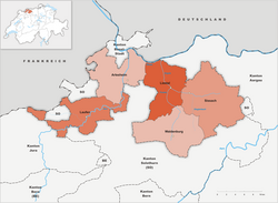 Mapa detallado de los distritos que componen el cantón de Basilea-Campiña.