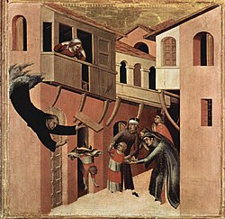 Detalle pictórico de Simone Martini mostrando a un niño cayendo desde un balcón.