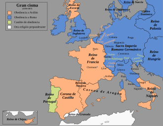 Mapa histórico de la división de Europa durante el Cisma de Occidente.