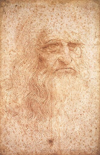 Dibujo en tiza roja que muestra un rostro masculino barbado con trazos minuciosos.