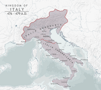 Mapa histórico que delimita el territorio del Reino de Odoacro en la península itálica