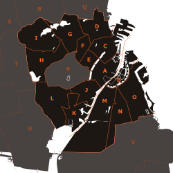 Mapa de los distritos del municipio de Copenhague destacando la ubicación de Vesterbro.