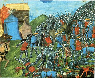 Miniatura del siglo XV que representa la muerte de Alarico II a manos de Clodoveo I