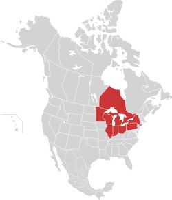 Mapa que muestra la provincia canadiense de Ontario y los estados de Estados Unidos con litoral en los Grandes Lagos.