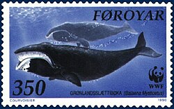 Sello postal conmemorativo con una ballena de Groenlandia.