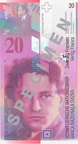 Billete de veinte francos suizos con el retrato de Arthur Honegger