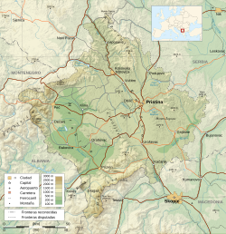 Mapa geográfico que delimita el territorio de Kosovo en relación con los Balcanes.