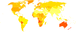 Mapa mundial que ilustra la mortalidad estimada por cáncer de piel