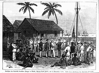 Izando la bandera alemana en Mioko en 1884