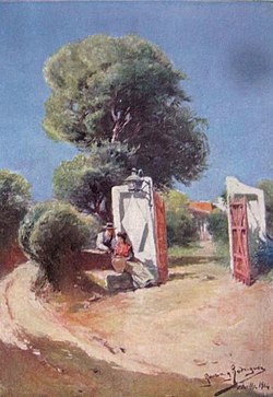 Pintura titulada En la puerta del cortijo por Manuel García y Rodríguez