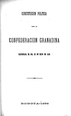 Portada de la Constitución de la Confederación Granadina de 1858