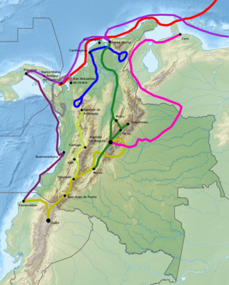 Mapa de los viajes de los conquistadores españoles en Colombia