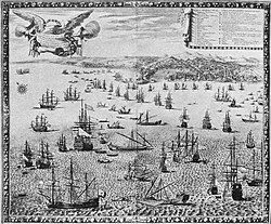 Ilustración del bombardeo naval de Génova por la flota francesa