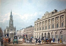 Ilustración del siglo XIX que muestra la iglesia St Mary-Le-Strand y la fachada de Somerset House.