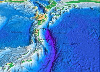 Vista oblicua de un modelo topográfico de la fosa de Puerto Rico