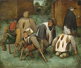 Pintura Los mendigos de Pieter Brueghel el Viejo mostrando a cinco figuras lisiadas.