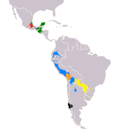 Áreas geográficas de distribución de las lenguas amerindias con mayor número de hablantes a principios del siglo XXI.