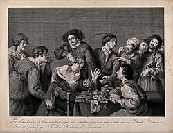 Grabado histórico de Manuel Carmona de 1805 que muestra a un sacamuelas atendiendo a un paciente