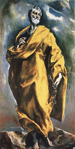 Pintura San Pedro de El Greco mostrando al apóstol sobre un fondo montañoso