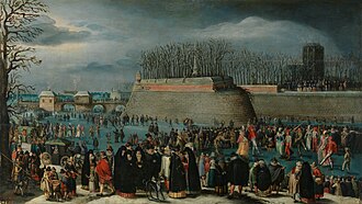 Mascarada patinando o Carnaval sobre el hielo en Amberes por Denis van Alsloot